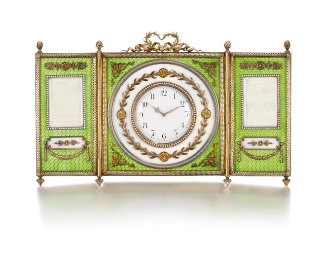 A rare Fabergé silver-gilt, enamel and seed pearl tryptich clock and frame, workmaster Johan Victor Aarne, St Petersburg, 1880-1904