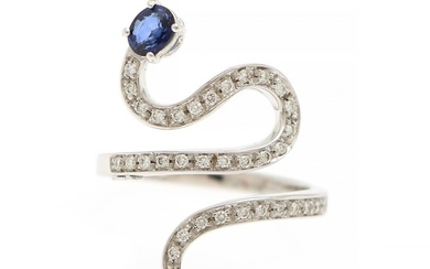 A sapphire and diamond ring set with an oval-cut sapphire and numerous brilliant-cut diamonds, mounted in 18k white gold. Size app. 56.