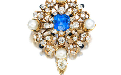 A sapphire, diamond and natural pearl brooch