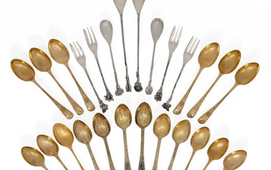 A set of six Soviet silver gilt and niello spoons. Severnaya Chern...