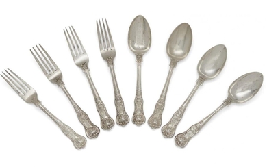 A set of twelve silver Queen's pattern dessert spoons, London,...