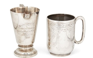 A silver Walker & Hall cream jug, Sheffield, 1910, of tapering form with angular handle and squared pouring lip, presentation engraving to body, 11.9cm high, and a Victorian silver cup, Sheffield, 1894, probably Atkin Bros (mark rubbed), with...