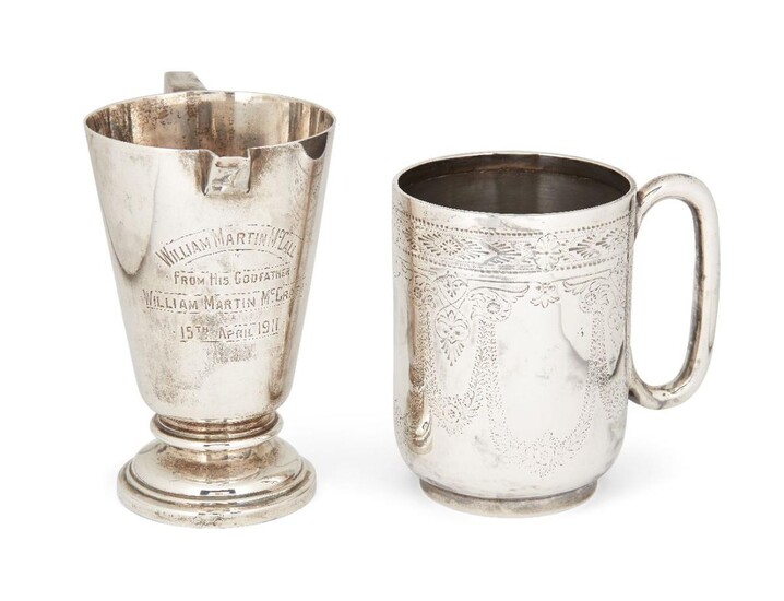 A silver Walker & Hall cream jug, Sheffield, 1910, of tapering form with angular handle and squared pouring lip, presentation engraving to body, 11.9cm high, and a Victorian silver cup, Sheffield, 1894, probably Atkin Bros (mark rubbed), with...