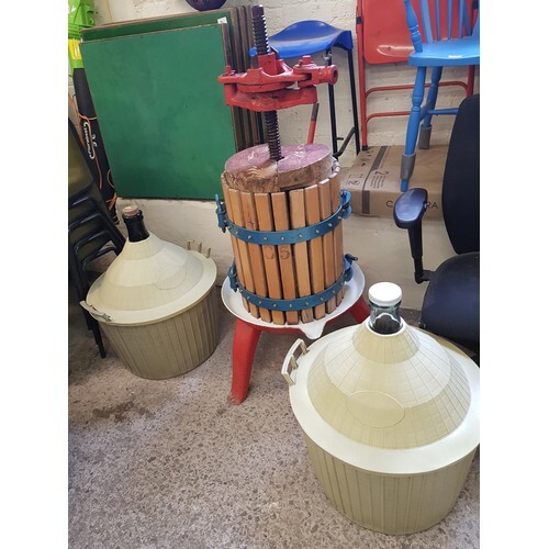 A vintage large wood and metal grape press: together with 2 ...