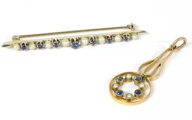 A white gold sapphire and seed pearl bar brooch