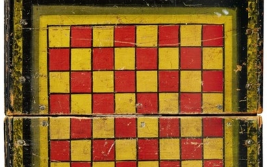AMERICAN POLYCHROME PAINT-DECORATED WOODEN GAMEBOARD BOX, LATE 19TH TO EARLY 20TH CENTURY