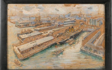 AMERICAN SCHOOL (20th Century,), Bird's-eye view of a commercial harbor, likely Portland, Maine.