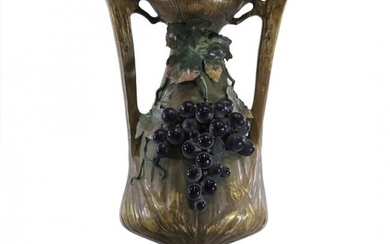 AMPHORA Signed Pottery Vase with Grapes in Relief