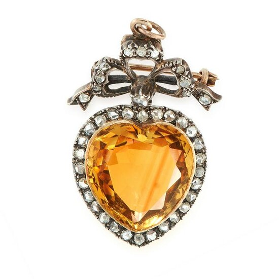 AN ANTIQUE CITRINE AND DIAMOND SWEETHEART BROOCH /