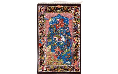 AN EXTREMELY FINE SIGNED SILK RUG WITH HUNTING DESIGN, CENTRAL PERSIA