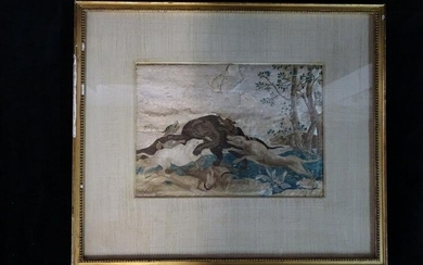 ANTIQUE EMBROIDERY/EMBROIDERED BEAR HUNT SCENE 8" X 11" IMAGE