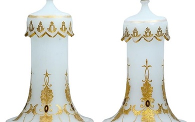 ANTIQUE FRENCH GILT OPALINE GLASS COVERED VASES