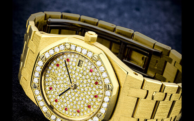 AUDEMARS PIGUET. AN 18K GOLD, DIAMOND AND RUBY-SET AUTOMATIC WRISTWATCH WITH DATE AND BRACELET ROYAL OAK MODEL. REF. 14587BA, SOLD IN 1992 IN SINGAPORE