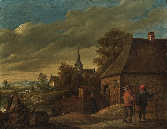 Abraham Teniers1629 Anvers - 1670 là, attribué Scène de village Deux paysans discutent dans la...