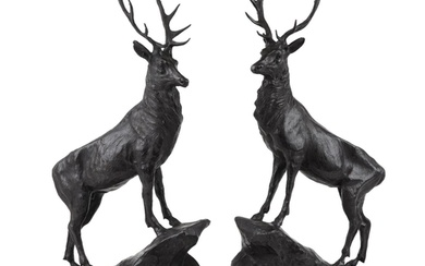 After Jules Moigniez, pair of large patinated bronze stags, ...