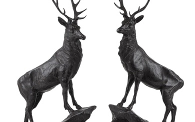 After Jules Moigniez, pair of large patinated bronze stags, ...