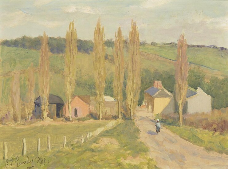 Alan Stenhouse Gourley PROI, British 1909-1991 - Figure on a road to a village with poplar trees; oil on board, signed lower left 'A. S. Gourley PROI', 27 x 35.5 cm (ARR) Note: Bears a printed letter to the reverse from Sir Martin Gilliat, Private...