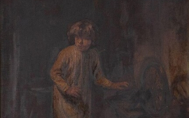 Alfred Dixon, British 1842-1919- Child by a spinning wheel; oil on canvas, signed and dated 'A Dixon 1882' (lower left), further signed and indistinctly titled (on the reverse), 50.8 x 40.5 cm. Provenance: Private Collection, UK.