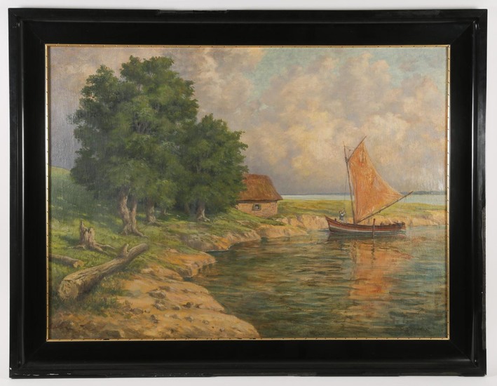 American School, Oil on Canvas, Lake with Sail Boat FR3SHLM