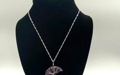 Amethyst Stone Energy Reiki Healing Amulet Moon Pendant With Silver Tree of Life Details