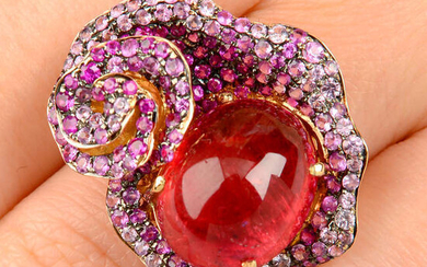 An 18ct gold pink tourmaline and vari-hue sapphire floral dress ring.