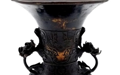 An Antique 18th Century Chinese Bronze Gu Vase Decorated...