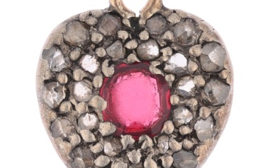 An Antique ruby and diamond heart pendant, pave set with ova...