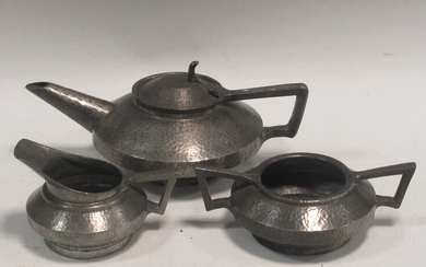 An Art Deco style pewter three-piece tea tea set