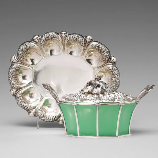 An Austrian mid 19th century silver and green glass bowl and cover on dish, un identified makers mark, Vienna 1845.
