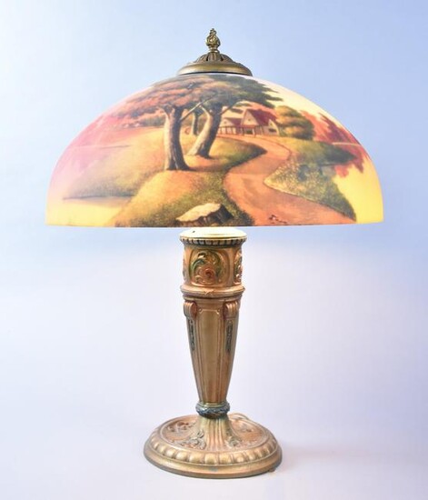 An Early 20th Century Reverse Painted Glass Table Lamp