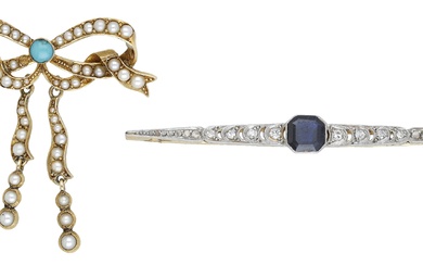 An early 20th century sapphire and diamond bar brooch, the central octagonal...