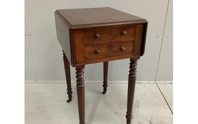 An early Victorian mahogany drop flap work table, width 40cm...