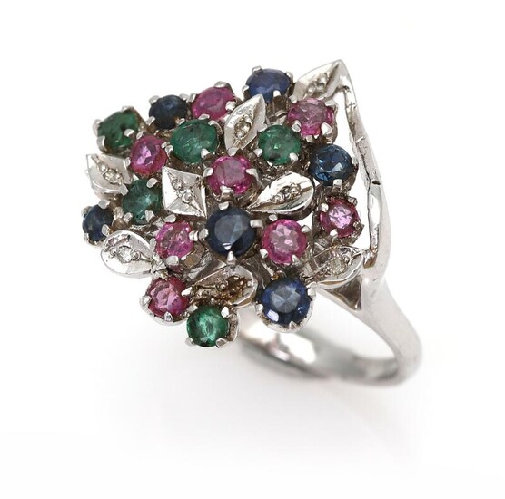 NOT SOLD. An emerald and ruby ring set with numerous circular-cut emeralds, rubies and sapphires and eight single-cut diamonds, mounted in 8k white gold. Size 54. – Bruun Rasmussen Auctioneers of Fine Art