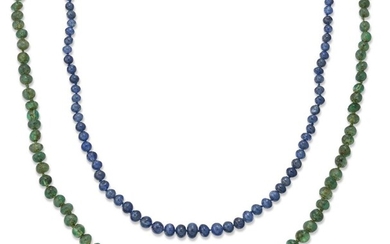 An emerald bead and sapphire bead necklace, the sapphire necklace composed of a single slightly graduated row of polished beads, diameter of largest sapphire, 5.6mm, to a rectangular box clasp, length 60cm; the emerald necklace composed as a single...