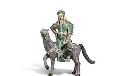An enamel on biscuit equestrian group, Qing dynasty, Kangxi period | 清康熙 素三彩關帝騎馬像, An enamel on biscuit equestrian group, Qing dynasty, Kangxi period | 清康熙 素三彩關帝騎馬像