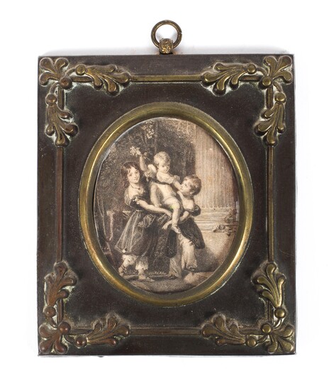 An engraving in a 19th century metal and brass scroll cast frame
