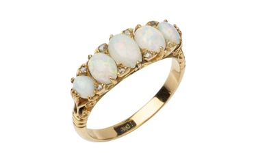 An opal and diamond five stone ring, the graduated cabochon...