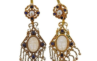 Antique 14K Gold Pearl Scarab Earrings