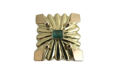 Antique Art Deco Green Emerald Brooch Pin in 18K Yellow Gold, .52 CT, 13.8 Grams