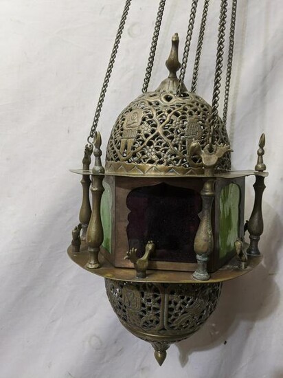 Antique Brass Colored Glass Persian Hanging Light