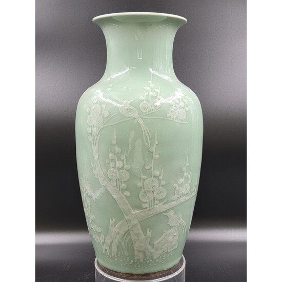 Antique Chinese Celadon Vase White Slip Design Qing PD