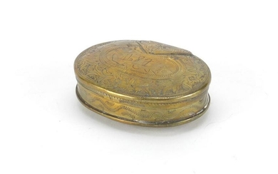 Antique Dutch oval brass tobacco box, engraved with