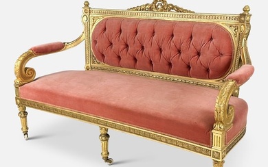 Antique French Louis XVI Style Tufted Pink Velvet Painted Giltwood Settee Sofa