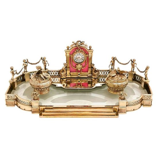 Antique French Silver Gilt, Glass & Enamel Inkstand