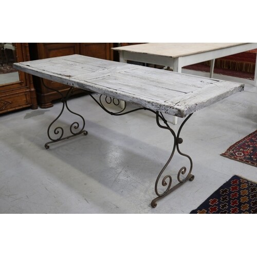Antique French rustic wooden topped & vintage iron base tabl...