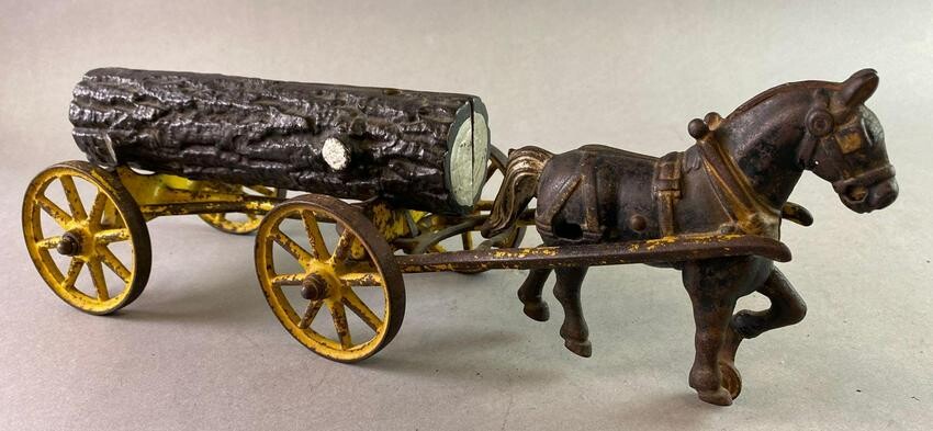Antique Kenton Cast Iron Horse Drawn Log Wagon