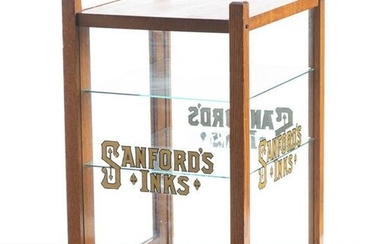 Antique oak and glass counter top Showcase advertising "Sanford's Inks", measures 18" T x 12" W x
