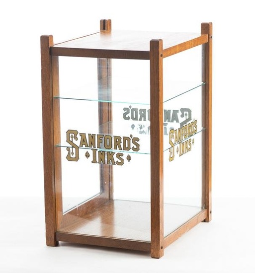 Antique oak and glass counter top Showcase advertising "Sanford's Inks", measures 18" T x 12" W x