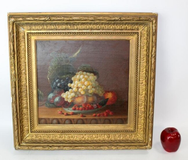 Antique oil on board still life painting with fruit