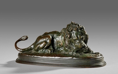 Antoine Louis BARYE (1796-1875) "Lion dévorant une biche, 1837" Bronze à patine brun vert nuancé....